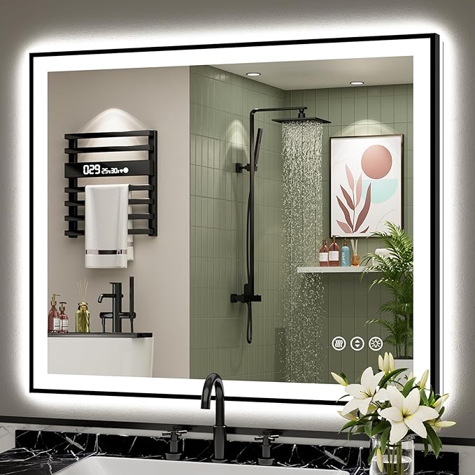 40x36 Black Framed LED Bathroom Mirror with Lights, Backlit + Front Lit, Anti-Fog Lighted Vanity Mirror for Bathroom Wall with 3 Colors, Dimmable, Memory, Tempered Glass, Horizontal/Vertical