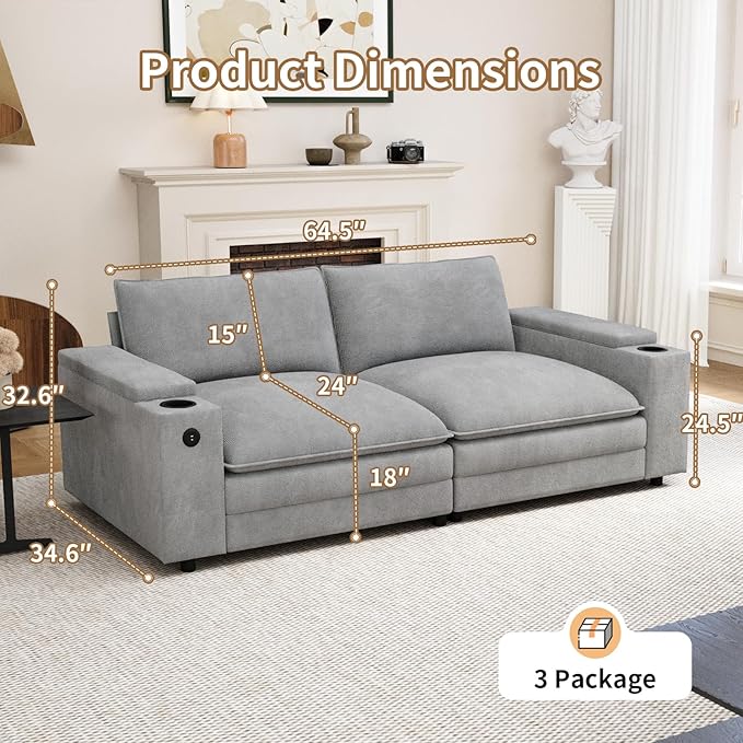 81.5" Loveseat Cloud Sofa Couch with Storage Armrest, Cup Holders, USB & Type-C Ports, Spring Cushions, Solid Wood Frame, Chenille Modular Sectional for Living Room