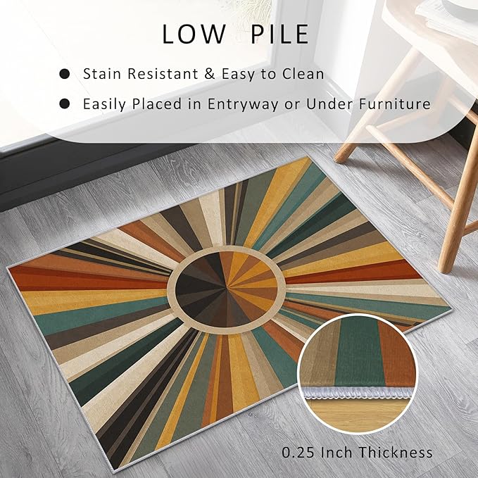 Cool Sun Throw Rug, 2x3 Doormat Boho Striped Vintage Country Pattern for Entryway, Bedroom, Kitchen, Cool Sun Home Decor Accessories Indoor Door Mat, Non Slip & Machine Washable