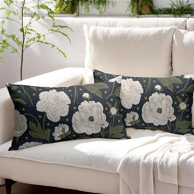 Vitage Floral Lumbar Pillow Covers 12x20 Set of 2 Navy Blue Chinoiserie Pattern Rustic Spring Flower Decorative Outdoor Farmhouse Pillowcases Decorations Throw Cushion Cover Decor for Couch Sofa Bed