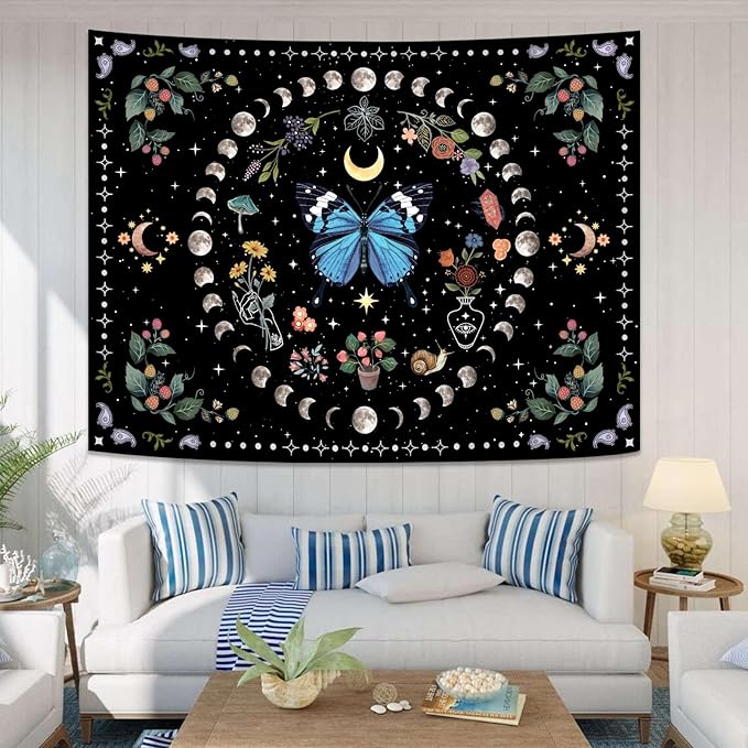 Aipon Blue Butterfly Moon Flower Tapestry Botanical Boho Plant Floral Tapestry for Bedroom Aesthetic Hippie Vintage Tapestries Wall Hanging for Living Room Dorm (60.00'' × 80.00'', Blue)