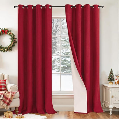 Lajode Linen Blackout Christmas Curtains - Red Thermal Insulated Curtains 90 Inch Long for Bedroom Living Room, Thick Heavy Light Blocking Energy Saving Soundproof Drapes Each 52x90 Inch 2 Panels