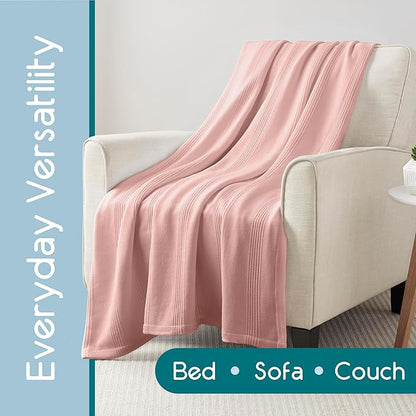 King Size 100% Cotton Blanket | Super Soft Breathable Lightweight Throw | All-Season Knit Blanket | Luxury Hotel Versatile | Easy Care Pink Clay