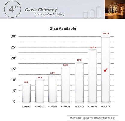 WGVI Hurricane Candle Holder Sleeve, Wide 4", Height 30", Clear Glass Cylinder Candleholder, Chimney Tube, Open Ended Candle Shade, 6 Pieces Bulk