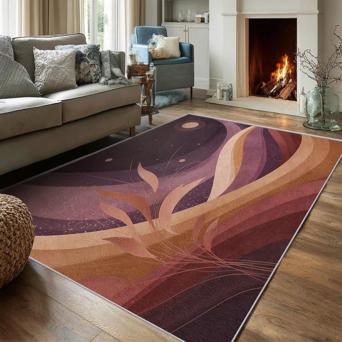 Boho Style Rug, 5x8 Area Rugs Abstract Textured Leaf Moon Pattern for Living Room, Bedroom, Boho Style Home Decor Accessories Indoor Carpet, Non Slip & Machine Washable