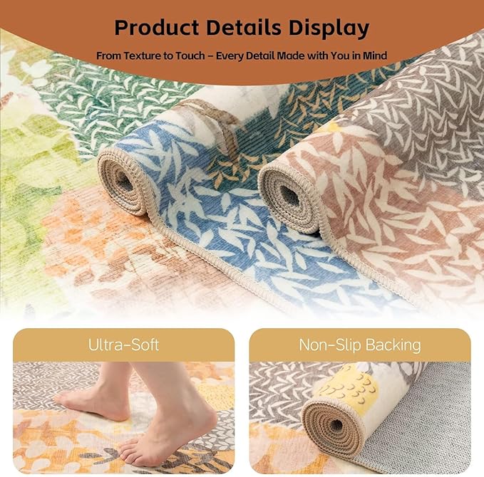 DEXDE Large Round Rug 9ft Washable Circle Area Rugs Non Slip Low Pile Boho Floral Circular Carpet for Bedroom Bathroom Entryway Kids Room Office Dining Room,Camel