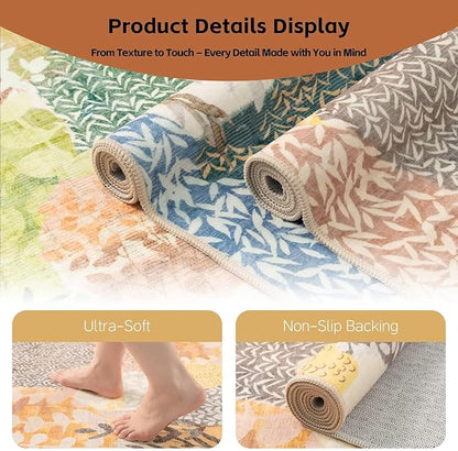 DEXDE Large Round Rug 9ft Washable Circle Area Rugs Non Slip Low Pile Boho Floral Circular Carpet for Bedroom Bathroom Entryway Kids Room Office Dining Room,Camel