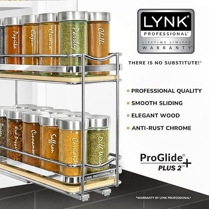 LYNK PROFESSIONAL® Élite™ Pull Out Spice Rack Organizer for Inside Kitchen Cabinets - 4-3/8 inch Wide - Slide Out Drawer – Wood/Chrome Sliding Spice Cabinet Organization Shelf Racks - 2 Tier
