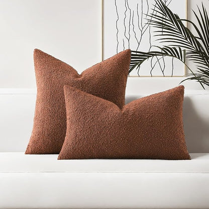 HAUSSY Set of 2 18x18 Decorative Throw Pillow Covers, Soft Cozy Textured Boucle Couch Cases, Home Decor for Couch Bed Living Room, Rust