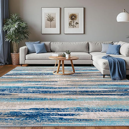 Modern Abstract 8x10 Large Machine Washable Living Room Rug Non-Slip Soft Bedroom Area Rug Blue Ultra Thin Print Faux Wool Carpet Throw Rugs for Nursery Playroom Dining Room Indoor Office
