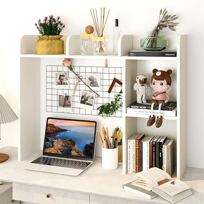 Desktop Bookshelf, 3-Tier Wood Countertop Bookcase with 5 Shelves, Desk Hutch for College Dorm, Multipurpose Desk Organizer Shelf Display Rack for Home Office, Hutch Top Only