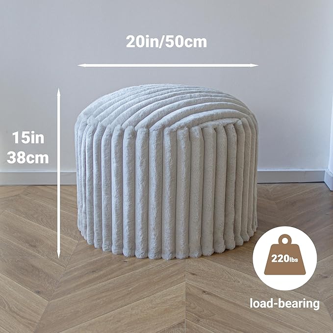 Luxury Round Stuffed Floor Poufs Ottoman, Stripe Faux Fur Footrest with Dual Layer Comfort, Removable Washable Cover, 20"x15" Plush Pouf Shaggy Stool for Living Room Bedroom, Gray