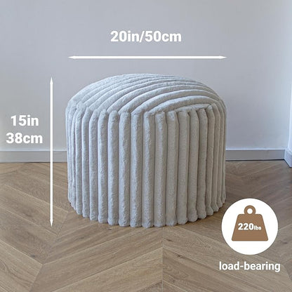 Luxury Round Stuffed Floor Poufs Ottoman, Stripe Faux Fur Footrest with Dual Layer Comfort, Removable Washable Cover, 20"x15" Plush Pouf Shaggy Stool for Living Room Bedroom, Gray