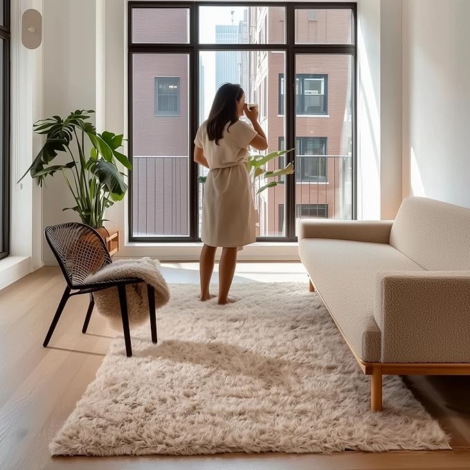 Super Area Rugs Ultra Soft & Fluffy Faux Sheepskin Rug, Light Brown 5 x 7 Feet Carpet for Bedroom Living Room