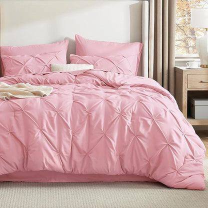 Bedsure Queen Comforter Set Baby Pink - Bed in a Bag Queen Size Bedding 7 Pieces, GentleSoft™ Pintuck Bed Set Gift for Family, Pinch Pleat All Season Comforter with Sheets, Pillowcases & Shams