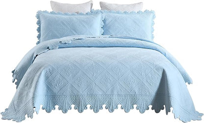 MarCielo 3-Piece 100% Cotton Oversized Bedspread Lightweight Quilt Coverlet Embroidery Farmhouse Bedding Set (TK Light Blue, Oversized Queen (100"x106"))