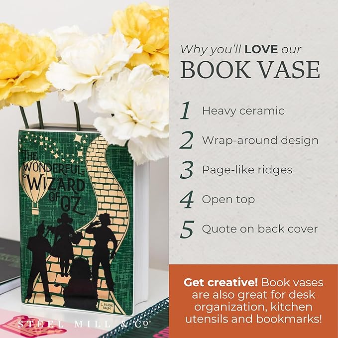 Steel Mill & Co Original Large Book-Shaped Decorative Vase, Ceramic Vases for Home Decor, Cute Bookshelf Decor, Unique Vase for Book Lovers, The Wonderful Wizard of Oz