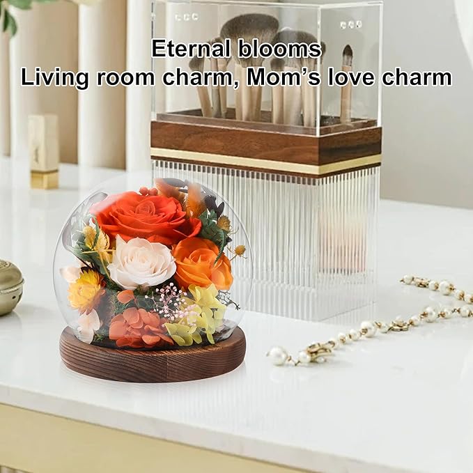 Preserved Flowers In Glass Dome, Eternal Flowers, Forever Flower, Birthday Gifts for Women, Gifts for Mom Girlfriend Her Friendship, Home Decor Bedroom Living Room (Terracotta)