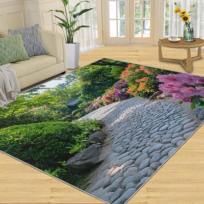 Japanese Gardens Washable Area Rugs 6x9 Non-Slip Garden Art Living Room Rug Eastern Aesthetics Soft for Carpet Low Pile Indoor Door Mat & Room Decor