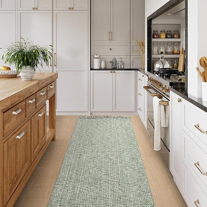 Collive Long Hallway Runner Rug 2.6' x 7', Washable Runner Indoor Entryway Rug, Olive Green/Cream Braided Woven Kitchen Runner Rugs Low-Profile Front Door Floor Carpet for Bedroom Doorway