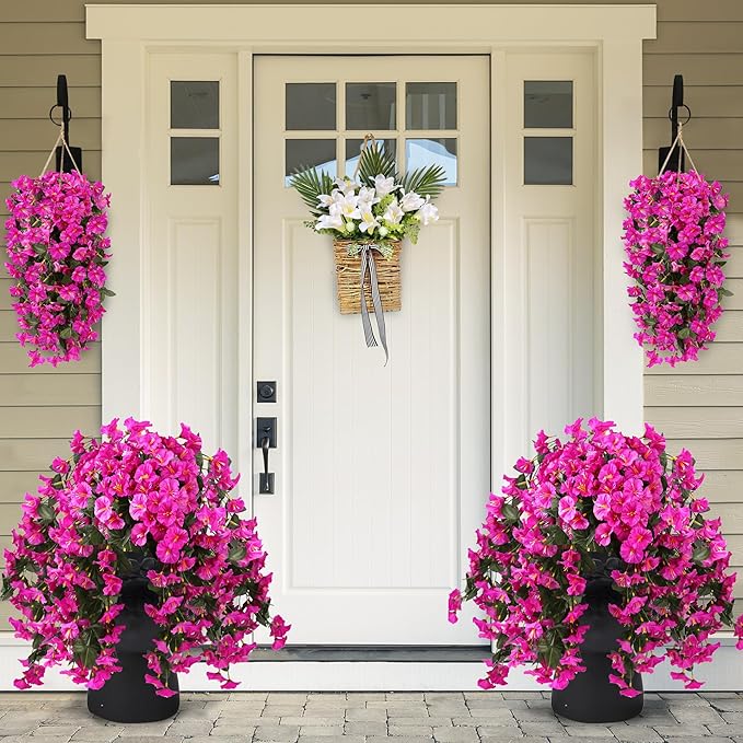 Sggvecsy Artificial Fake Hanging Flowers Plants for Outdoor Outside Spring Summer Decoration 4PCS Faux Silk UV Resistant Realistic Morning Glory Trailing Vines for Home Porch Patio Balcony(Purple red)