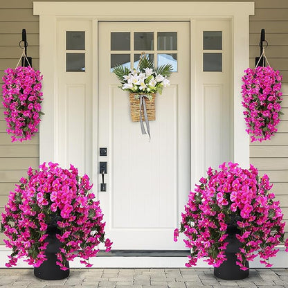 Sggvecsy Artificial Fake Hanging Flowers Plants for Outdoor Outside Spring Summer Decoration 4PCS Faux Silk UV Resistant Realistic Morning Glory Trailing Vines for Home Porch Patio Balcony(Purple red)