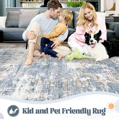 5x7 Area Rugs for Living Room, Washable Modern Abstract Large Area Rug Neutral Soft Non Slip Kids Rug Stain Resistant Indoor Carpet for Bedroom Nursery Dining Room Home Office(Blue, 5'x7')