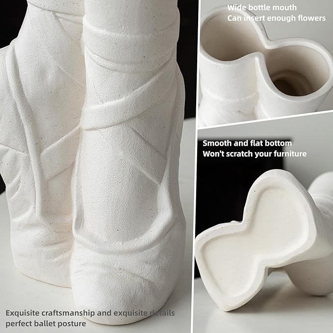 Ballet Shoe Modern Ceramic Vase, Nordic Art Ins Style Decorative Ceramic Aesthetic Foot Flower Vase for Home Living Room Table Bookshelf Decor (Matte White W 6" X H 9")