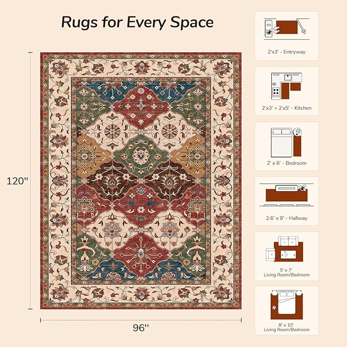 Lessymo Moroccan 8x10 Area Rugs for Living Room, Ultra-Thin Washable Rugs Vintage Non-Slip Non Shedding Accent Carpet for Bedroom Dining Room Office Nursery, Classic Red and Cream