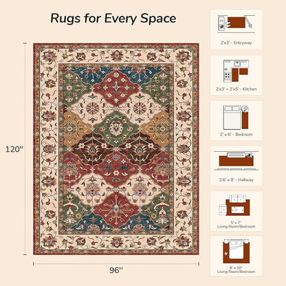Lessymo Moroccan 8x10 Area Rugs for Living Room, Ultra-Thin Washable Rugs Vintage Non-Slip Non Shedding Accent Carpet for Bedroom Dining Room Office Nursery, Classic Red and Cream