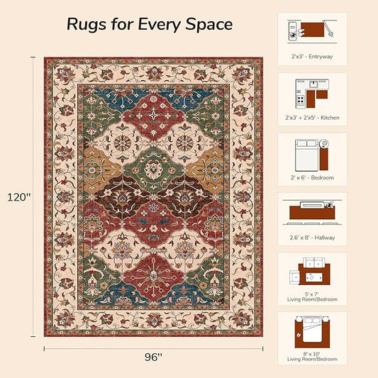 Lessymo Moroccan 8x10 Area Rugs for Living Room, Ultra-Thin Washable Rugs Vintage Non-Slip Non Shedding Accent Carpet for Bedroom Dining Room Office Nursery, Classic Red and Cream