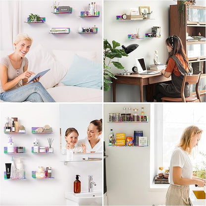 Sezanrpt 9 Inch Iridescent Wall Shelves, Acrylic Small Floating Shelf, Home Wall Display Shelf for Storage, Room Décor, Space Saving, Items Organizer, Bathroom Organizer, 4 Pack