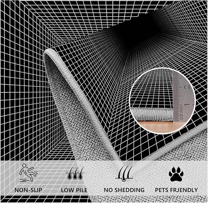 Optical Illusion Rug - Washable Rugs 5x8, Abstract Geometric Lines Soft Neutral Indoor Floor Mats Plaid Carpet, Non-Slip Stain Resistant Modern Black Rug for Bedroom, Living Room Rugs