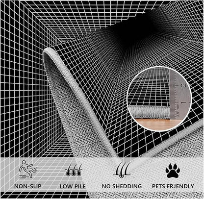 Optical Illusion Rug - Washable Rugs 7x9, Abstract Geometric Lines Soft Neutral Indoor Floor Mats Plaid Carpet, Non-Slip Stain Resistant Modern Black Rug for Bedroom, Living Room Rugs