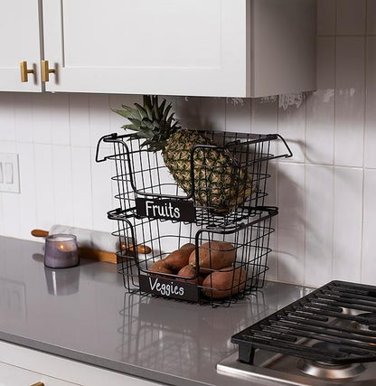 BIRDROCK HOME Stacking Wire Market Baskets with Chalk Label | Set of 2 | Fruit Vegetable Produce Metal Storage Bin for Kitchen Counter | Black