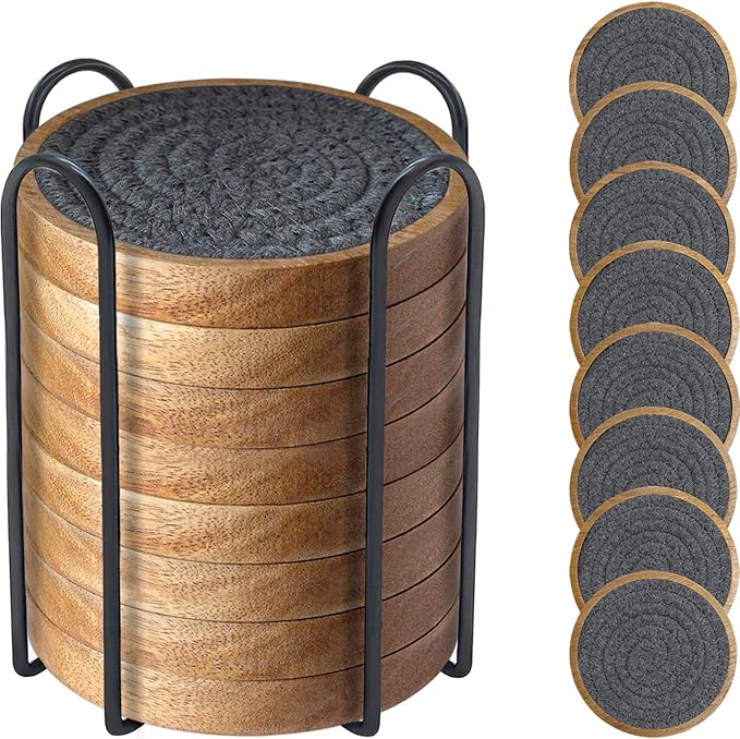 Coasters for Drinks Absorbent Sets of 8, Woven Coasters with Holder, Wood Coasters for Coffee Table, Housewarming Gift for Farmhouse Home Decor, 4 inches Gray