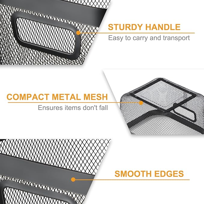 4 Pack Metal Mesh Steel Basket with Hollow Handles Square Wire Mesh Open Bin Fruit Storage Basket for Kitchen Bathroom Picnic Shopping Cabinet Home Items (Large,Black)