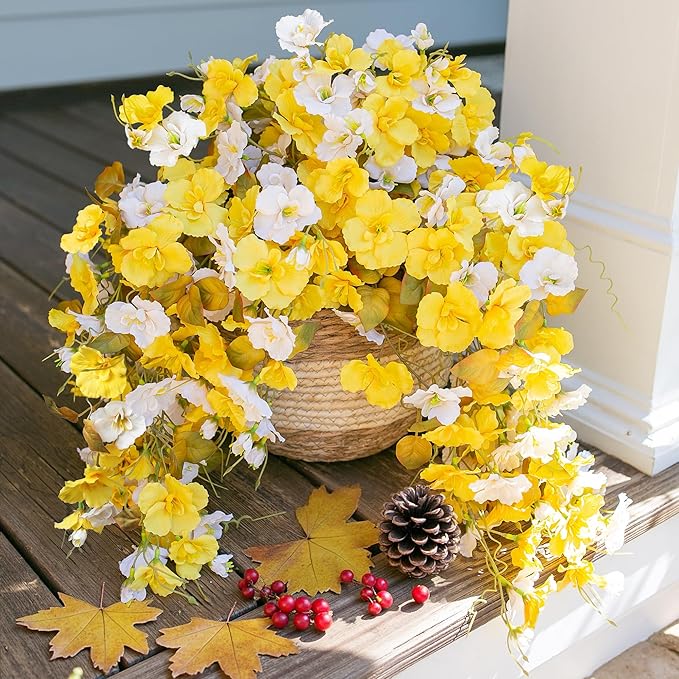 HyeFlora Hibiscus Fall Flowers Artificial Hanging Flowers Plants for Outdoors Autumn Decoration, 2pcs Silk Hibiscus Vines Realistic UV Resistant Faux Flowers for Outside Planters Yard Garden Home, Mix
