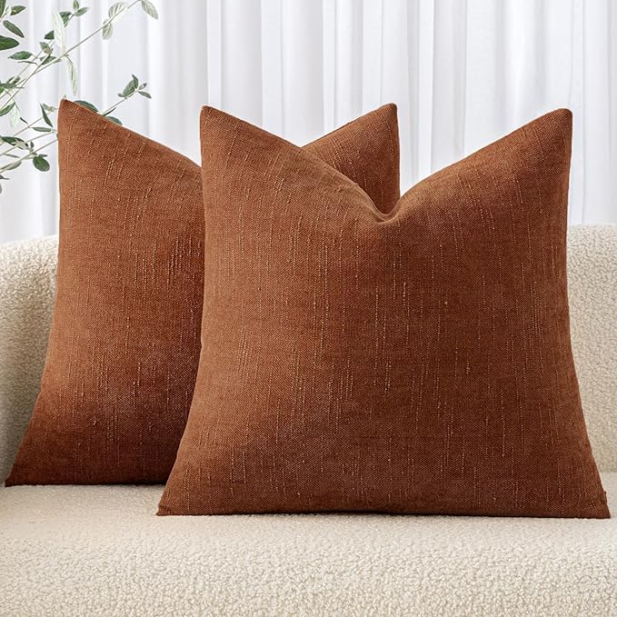 MIULEE Pack of 2 Decorative Throw Pillow Covers Soft Chenille Throw Pillows Solid Textured Euro Cushion Covers for Couch Sofa Bedroom Living Room 24x24 Inch, Dark Rust