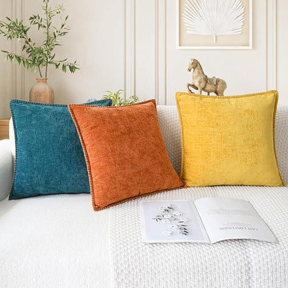 CaliTime Throw Pillow Covers Decorative 24 X 24 Inches Pack of 2 Cotton Thread Stitching Edges Solid Dyed Soft Chenille Cushion Cases for Couch Sofa Bed Living Room Farmhouse Mustard Yellow