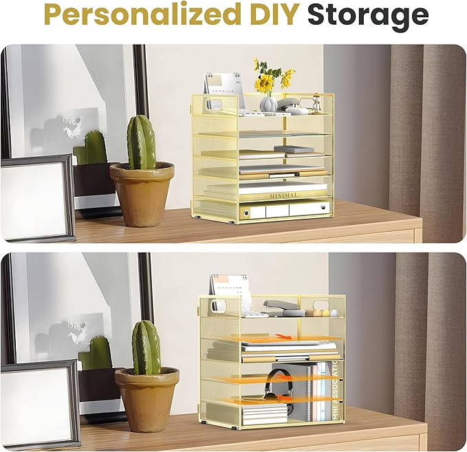 Daltack 6 Tier Paper Organizer for Desk, Paper Letter Tray Organizer for Desks, Mesh Desk File Organizers with Handle for Office, Home, School, Gold, 2 Pack