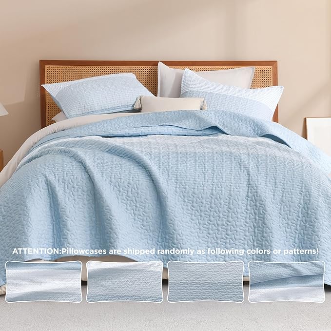 Litanika Quilt King Size Pale Blue, Stripe Patchwork Summer Bedspread Coverlet 3 Pieces, Soft Lightweight Microfiber Quilted Bedding Set for All Season(1 Quilt, 2 Pillowcases)