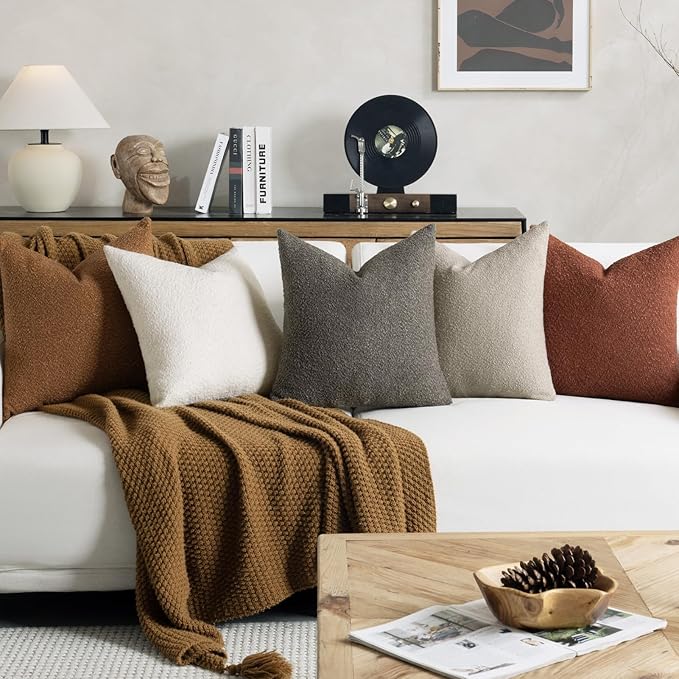 Throw Pillow Covers 20 x 20 Inch Set of 2, Accent Soft Boucle Textured Pillow Cover, Decorative Solid Color Cozy Cushion Pillow Case for Couch Bedroom Sofa Living Room Home Decor, Dark Brown