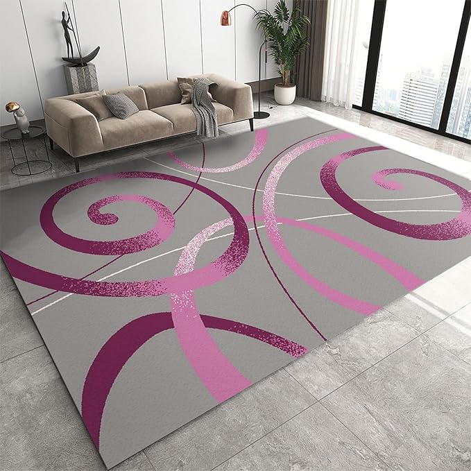 Superior Stylish Purple Circles Geometry Area Rug, Modern Abstract Grey Swirls Print Large Rugs, Machine Washable Breathable Durable Carpet for Room Sofa Living Room Mat Bedroom Decor,3 x 5ft