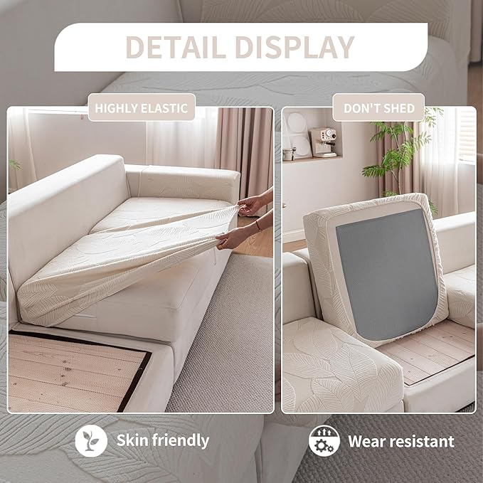 Couch Covers for Sectional Sofa, Washable Stretch Soft Sofa Cushion Covers L Shape Sofa Slipcovers Anti Slip Furniture Decor Protector for Pets (3 Seaters Covers+1 Chaise Cover,Ivory)