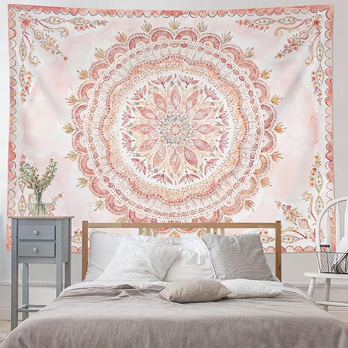 Fowocu Boho Floral Mandala Tapestry Wall Hanging Pink Bohemian Flower Medallion Tapestry Aesthetic Watercolor Hippie Indian Extra Large Tapestries for Bedroom Living Room Dorm Decor 90 x 68 Inch