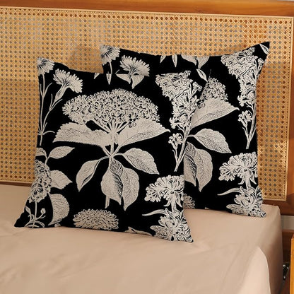 Black Pillow Covers 18x18 Inch Set of 2 Vintage Boho Floral Hydrangea Herbs Botanical Throw Pillows Outdoor Flower Decoration Pillowcase Linen Farmhouse Cushion Case Decorative for Couch Sofa