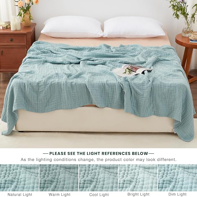 Love's cabin 6 Layer 100% Cotton Muslin Blanket, 90"x90" Muslin Blanket Queen for Couch Bed, Lightweight and Breathable Cotton Gauze for Adult, Cyan
