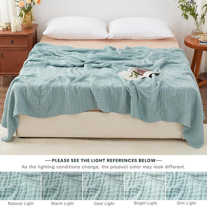 Love's cabin 6 Layer 100% Cotton Muslin Blanket, 108"x90" Muslin King Size Blanket for Bed Couch, Lightweight and Breathable Cotton Gauze for Adult, Cyan
