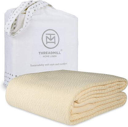Threadmill Luxury Cotton Blankets for Twin Size Bed | All-Season 100% Cotton Twin Blanket for Bed | Herringbone Soft & Cozy Fall Thermal Blanket, 350GSM, 68x92 inches | Vanilla Cream